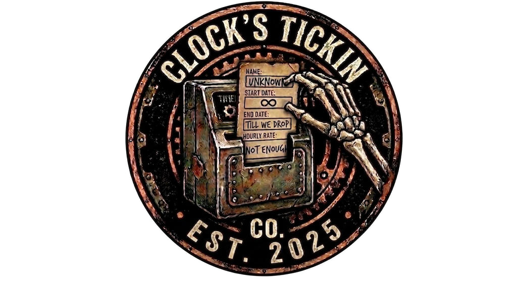 A gritty, vintage time-clock punched by a skeleton hand